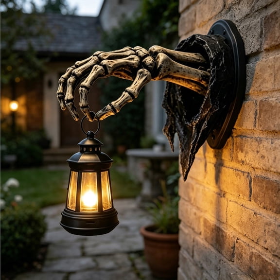 Skeleton Hand Lantern Halloween Decor, Lighted Resin Skeleton Hand Wall Decoration for Entryway, Mantel, Tabletop, Haunted House and Spooky Halloween Display, 6.30 Inch