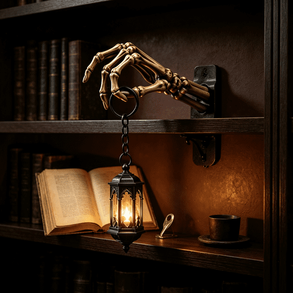 Skeleton Hand Lantern Shelf Light, Dark Academia Resin Skeletal Hand Bookshelf Lamp, NoCord LED Accent Light, Novelty Collectible for Halloween Decor & Gothic Home Decor