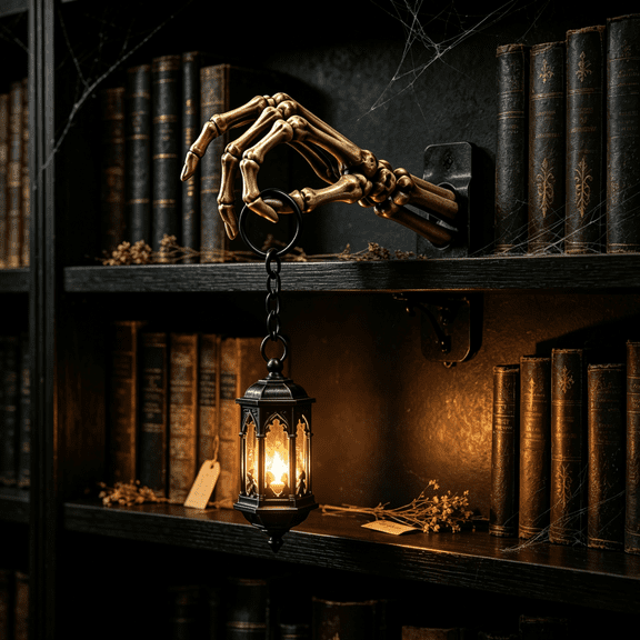 Skeleton Hand Lantern Shelf Light, Gothic Resin BookGap Insert LED Lamp, Soft Warm Amber Glow, Spooky Table Cabinet Display Piece for Halloween Decor