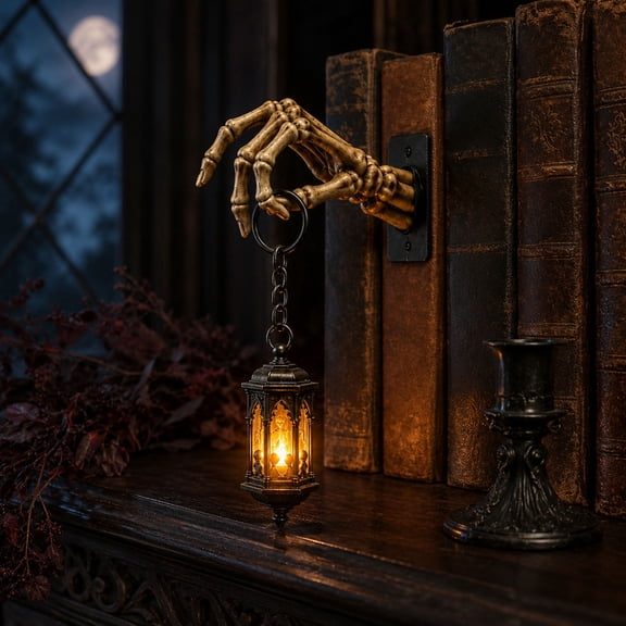 Skeleton Hand Lantern Shelf Light, Gothic Resin Skeletal Hand Bookshelf Lamp with Warm Skull Lantern Glow for Library, Mantel, Desk and Halloween Decor, 11.81 Inch