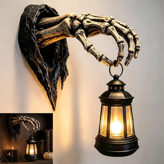 Skeleton Hand Lantern Shelf Light,with Warm Ambient LED 6in Solar Halloween Wall Bookshelf Lamp,Spooky Gothic Resin Tabletop Lamp,for Home, Shelf Bedroom