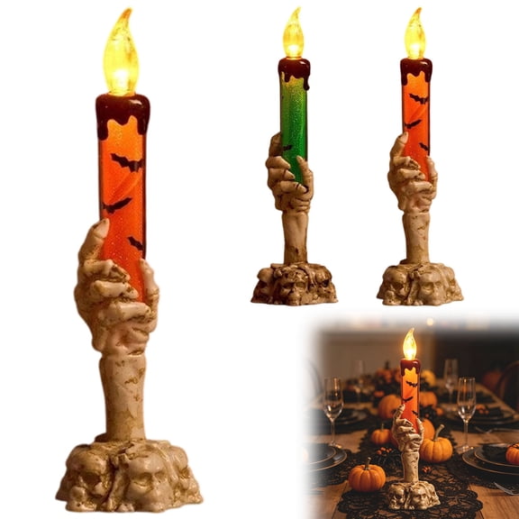 Skeleton Hand Lighted Candle Halloween Tabletop Ornament 8.30IN LED Flickering Flame Decorative Candle Spooky Gothic Indoor Table Decor for Mantel Party Dining Arrangement