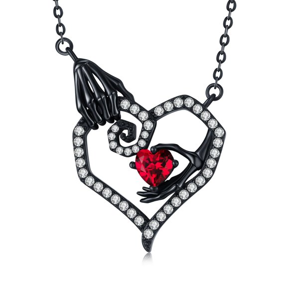 Skeleton Hand Necklace 925 Sterling Silver Ruby Heart Pendant Gothic Skull Jewelry Gifts for Women Halloween
