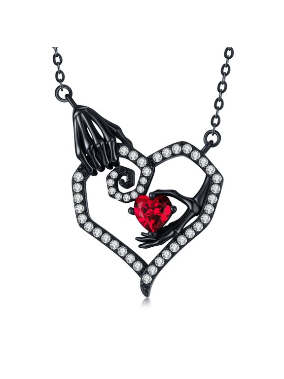 Skeleton Hand Necklace 925 Sterling Silver Ruby Heart Pendant Gothic Skull Jewelry Gifts for Women Halloween