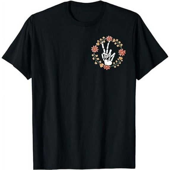 Skeleton Hand Peace Sign Bones Flowers T-Shirt