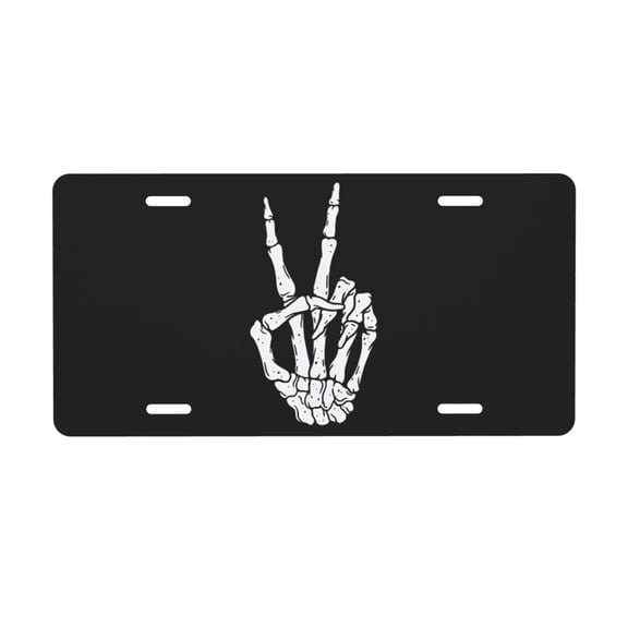 Skeleton Hand Peace Sign Gesture License Plate with 4 Holes,Novelty Aluminum Metal Car Plate Vanity Tag Decorative Car Front Accessories for Women Men,6"x12"