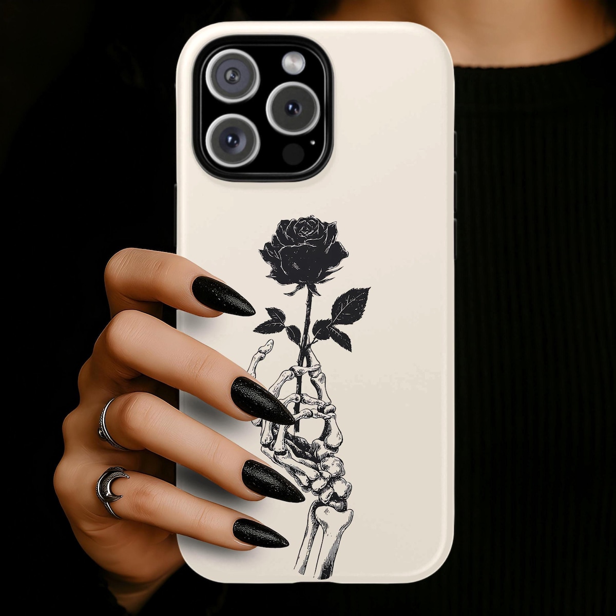 Skeleton Hand and Black Rose Gothic Art Phone Case for iPhone 17 to 11 ...