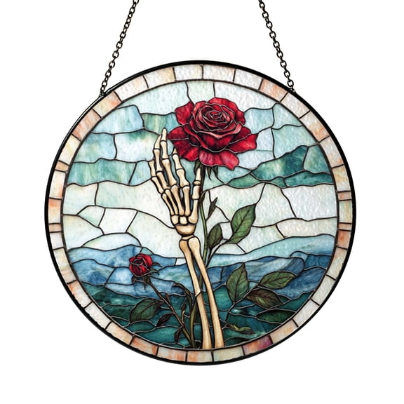 Skeleton Hand with Red Rose Glass Suncatcher Round Window Hanging, Gothic Floral Art Decor Halloween Gift