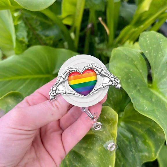Skeleton Hands Rainbow Heart Badge Reel LGBTQ Pride ID Holder