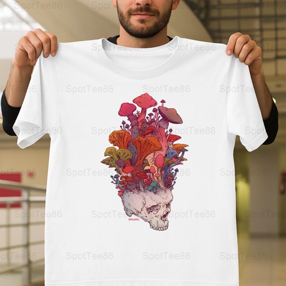 Skeleton Head Mushroom Cottagecore Goth Aesthetic Vintage Art Graphic V11013 Unisex T-Shirt, Up to Size 5XL