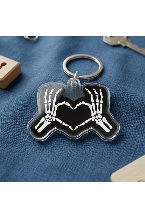 Skeleton Heart Hands - Gothic - Emo Heart Bone Badge | 2 Sided Acrylic Keychain, Spooky Backpack Charm, Halloween Gift