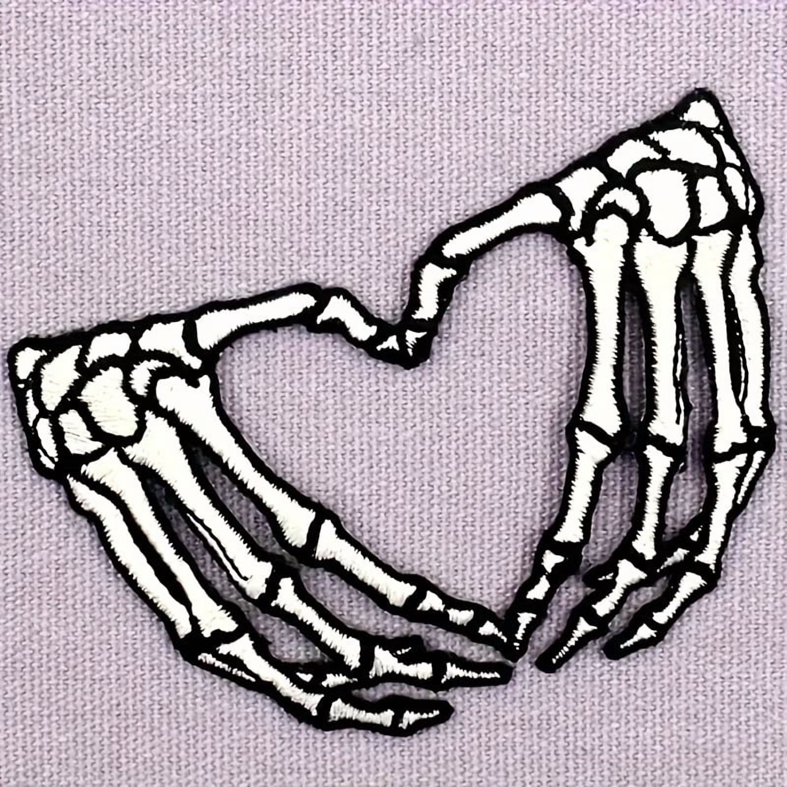 Skeleton Heart Hands Patch - Embroidered Applique Sew On Fabric Badge for DIY Accessories, Dog Patches for Harness, Iron On Decals for Clothes, Jeans, Backpacks, Jackets, Pants, Hats, Vests