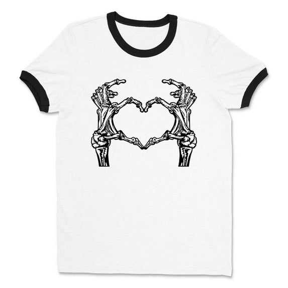 Skeleton Heart Hands Ringer Tee Shirt Unisex Large White/Black