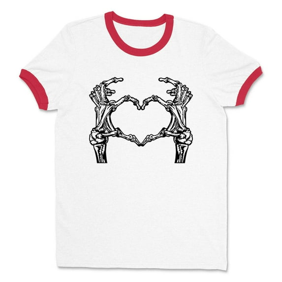 Skeleton Heart Hands Ringer Tee Shirt Unisex Large White/Red