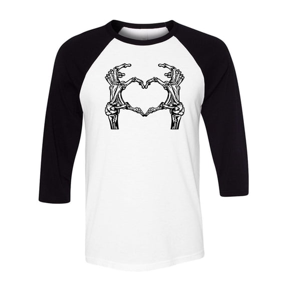 Skeleton Heart Hands Three-Quarter Raglan Sleeve Baseball Shirt Unisex Large White/Black