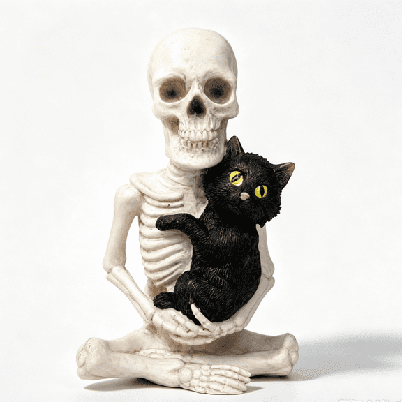 Skeleton Holding Black Cat Figurine, Gothic Halloween Tabletop Statue, Spooky Skeleton and Cat Decor for Home & Halloween Party Decoration, 6.7"