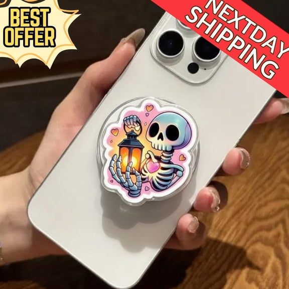 Skeleton Holding Lantern Magnetic Phone Grip, Gothic Phone Holder, Halloween Aesthetic, Cute Skeleton Grip, Skull Lantern, Amazing Accessory