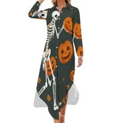 YHX66 Skeleton Holding Pumpkin Halloween Chiffon Dress V Neck Dresses Female Casual Dress Birthday Gift