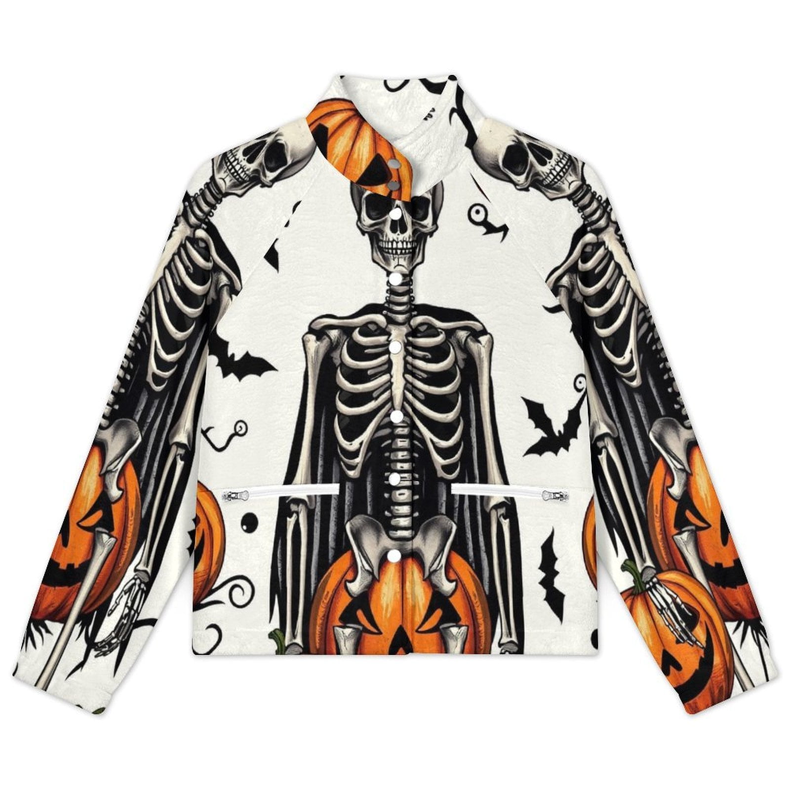 Skeleton Holding Pumpkins Warm Women's Plush Jacket Stand Collar Full ...
