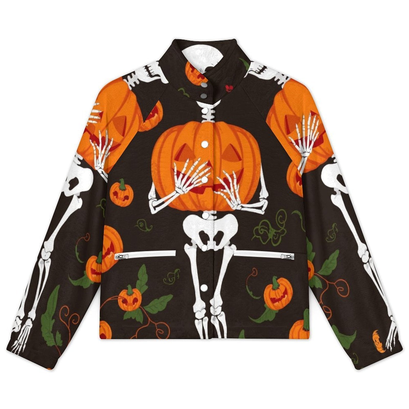 Skeleton Holds Pumpkin Warm Women's Plush Jacket Stand Collar Full ...
