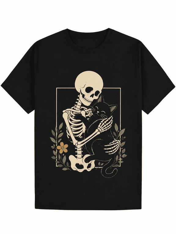 Skeleton Hugging Black Cat Graphic T-Shirt for Men Women, Gothic Cat Lover Tee, Casual Short Sleeve Crew Neck Shirt
