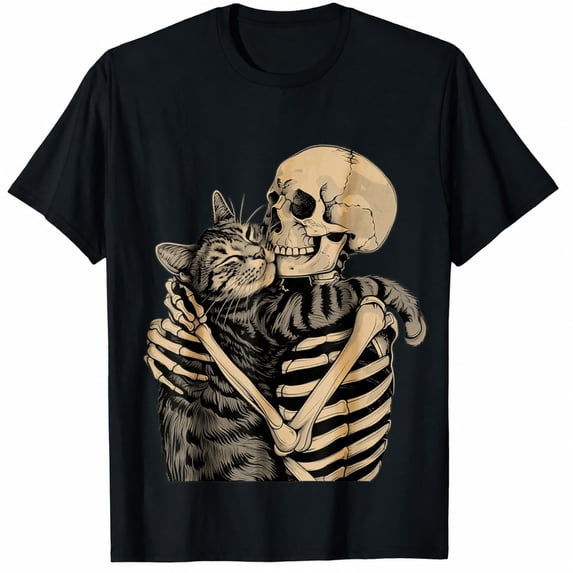 Skeleton Hugging Cat Halloween Cat Lover Cat Mom Dad T-Shirt