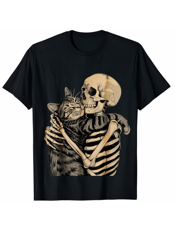 Skeleton Hugging Cat Halloween Cat Lover Cat Mom Dad T-Shirt