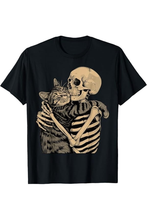 Skeleton Hugging Cat Halloween Cat Lover Cat Mom Dad T-Shirt
