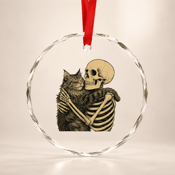 Skeleton Hugging Cat Halloween Cat Lover Spooky Cat Mom Dad Glass Ornament