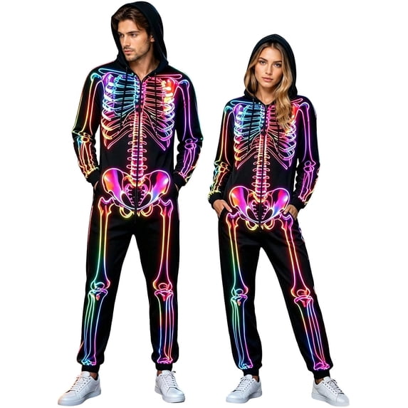 Skeleton Jumpsuit Halloween Costume for Women Men, Unisex Adult Skeleton Onesie Pajamas Cosplay Party 2026, Cozy One Piece Outfit
