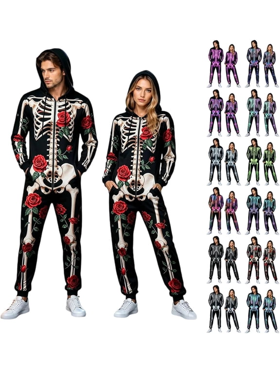 Skeleton Jumpsuit Halloween Costume for Women Men, Unisex Adult Skeleton Onesie Pajamas Cosplay Party 2026, Cozy One Piece Outfit