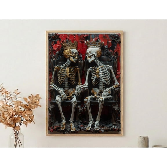 Skeleton King Queen Royal Gothic Crown Skull Impasto Throne Room Dark Fantasy Decor Power Couple, Unframed Poster