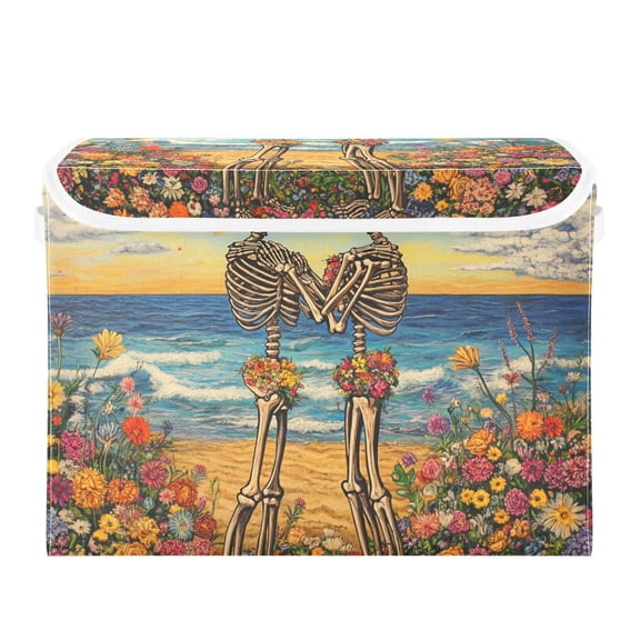 Skeleton Kisses on Beach Flowers Foldable Storage Bin with Lid and Handle Collapsible Storage Box 16.5 x 12.6 x 11.8 inches