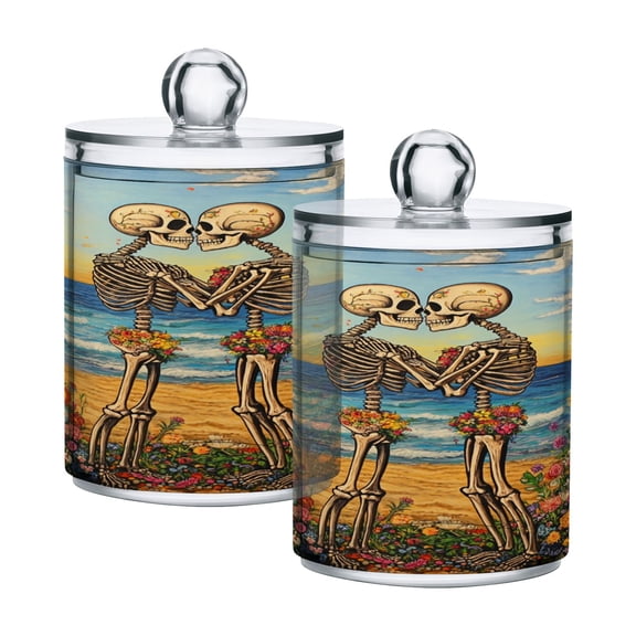 Skeleton Kisses on Beach Flowers Translucent Plastic Cans Storage Canisters with Lid Set of 2