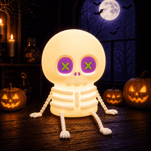 Skeleton Lamp, Rechargeable Silicone Skull Night Light, Two Brightness Settings, Tap Control, Halloween Room Decor for Bedroom, Dorm, Desk and Office