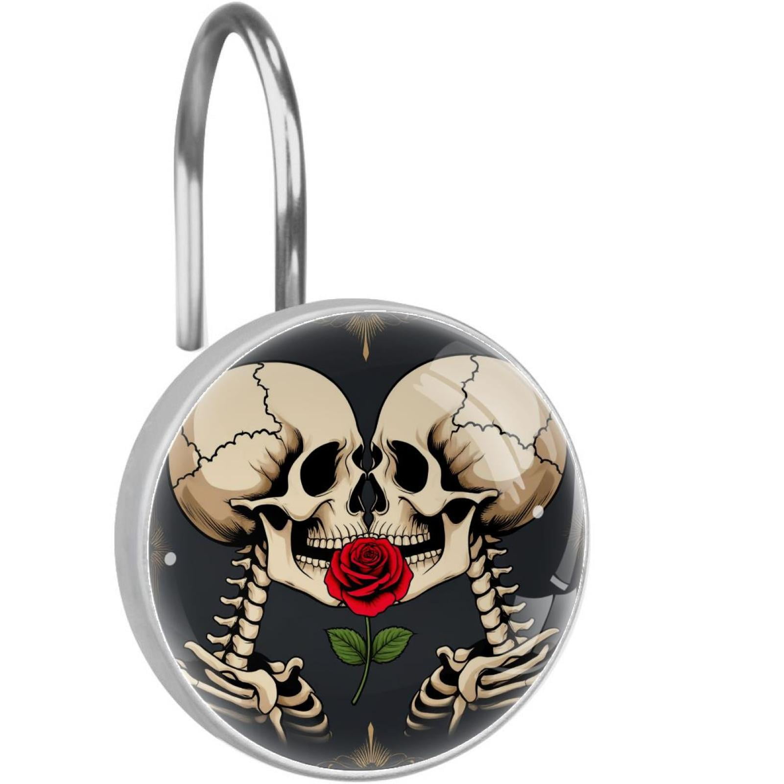 Skeleton Lover Bite Red Rose Shower Curtain Hooks Round Crystal Glass, Set of 12 Shower Curtain Rings - Shower Hooks for Curtain Shower Rings