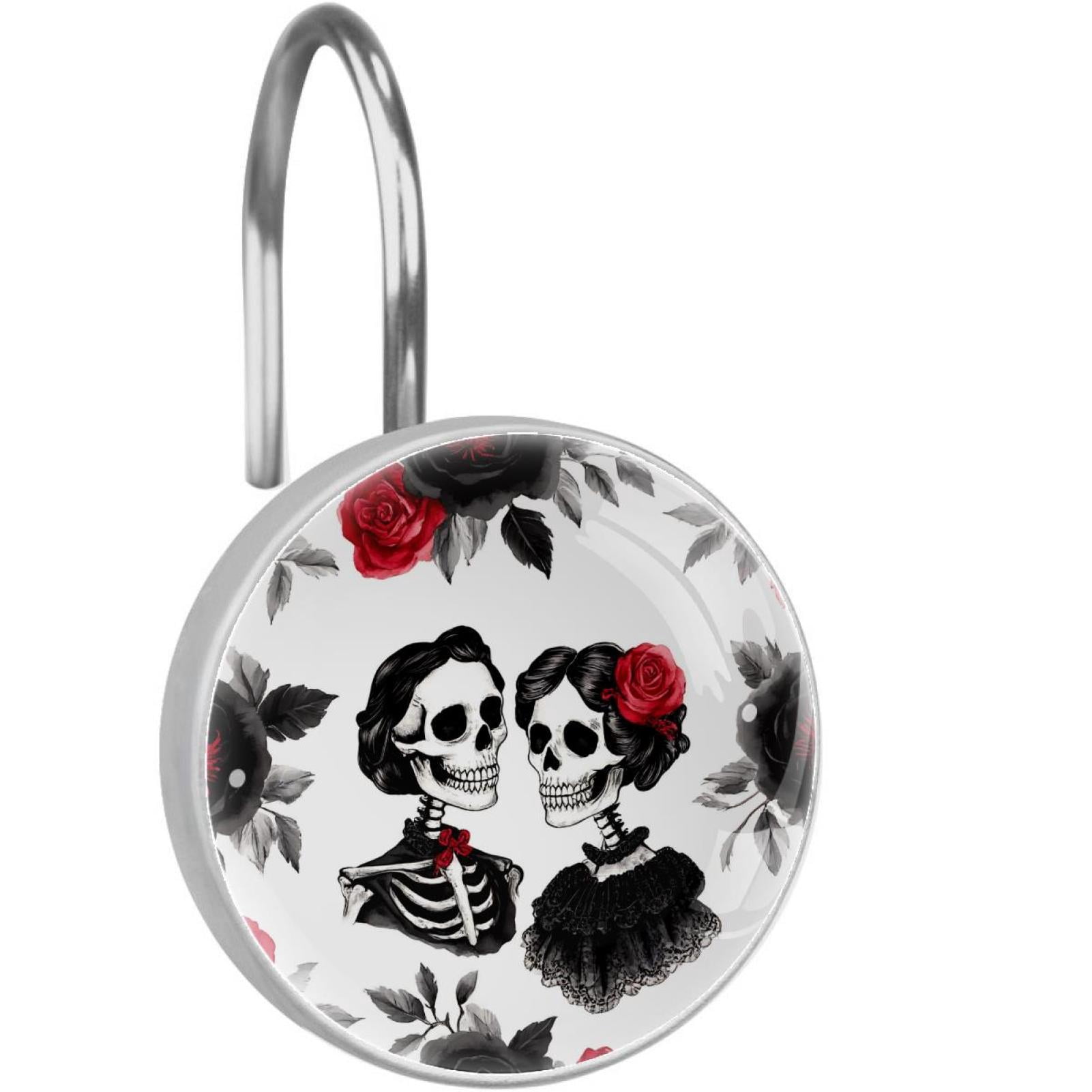 Skeleton Lover Black Red Roses Shower Curtain Hooks Round Crystal Glass, Set of 12 Shower Curtain Rings - Shower Hooks for Curtain Shower Rings
