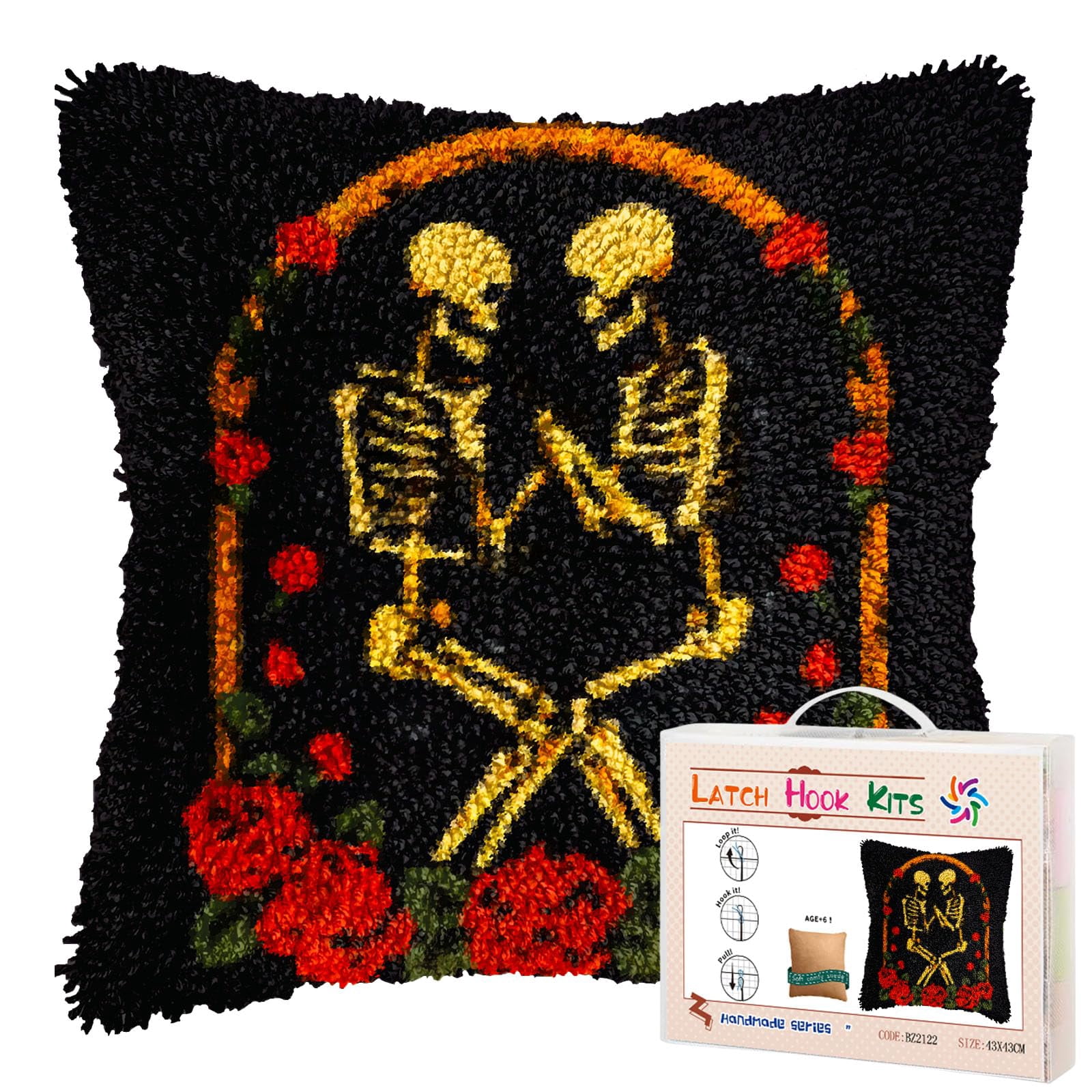 Skeleton Lover Couple and Rose DIY Latch Hook Pillow Kits for Adults Printed Pillowcase Crochet Yarns Hooking Handmade Pillow Cover Cushion for Home Sofa Decoration 17x17inch(1)