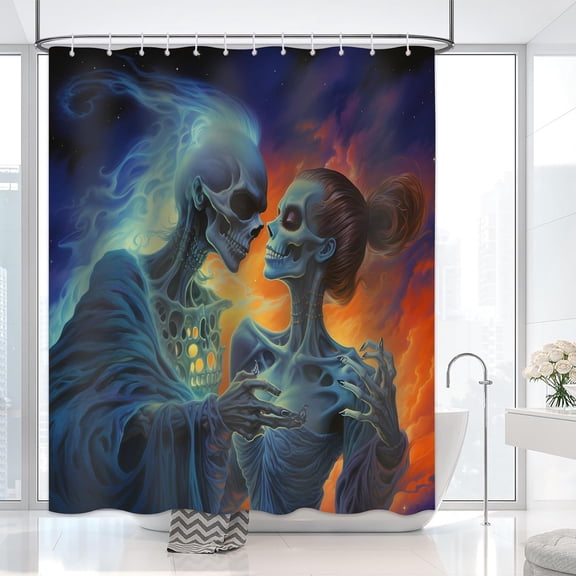 Skeleton Lover Shower Curtain for Bathroom, Skull Couple Love Shower Curtain Set Waterproof Fabric Bathtub Curtain Art Decor with 12 Hooks, 72x72 inches