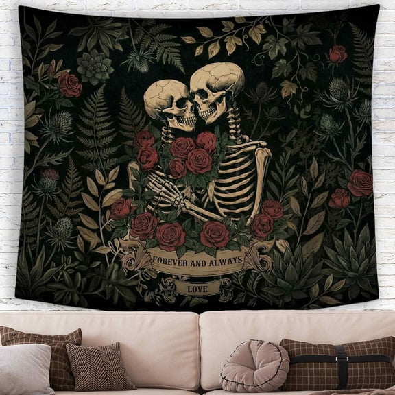 Skeleton Lovers Floral Valentines Wall Tapestry Hanging for Bedroom, Vintage Gothic Skull Rose Banner Tapestries, Black Goth Wall Art Decor for Living Room Anniversary Wedding Couple 50x60in
