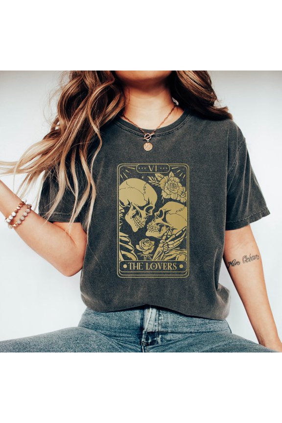 Skeleton Lovers Tarot Card Shirt Gothic Romance Skull Rose Tarot Graphic Comfort Colors Unisex Cotton T-Shirt, Sizes S-3XL