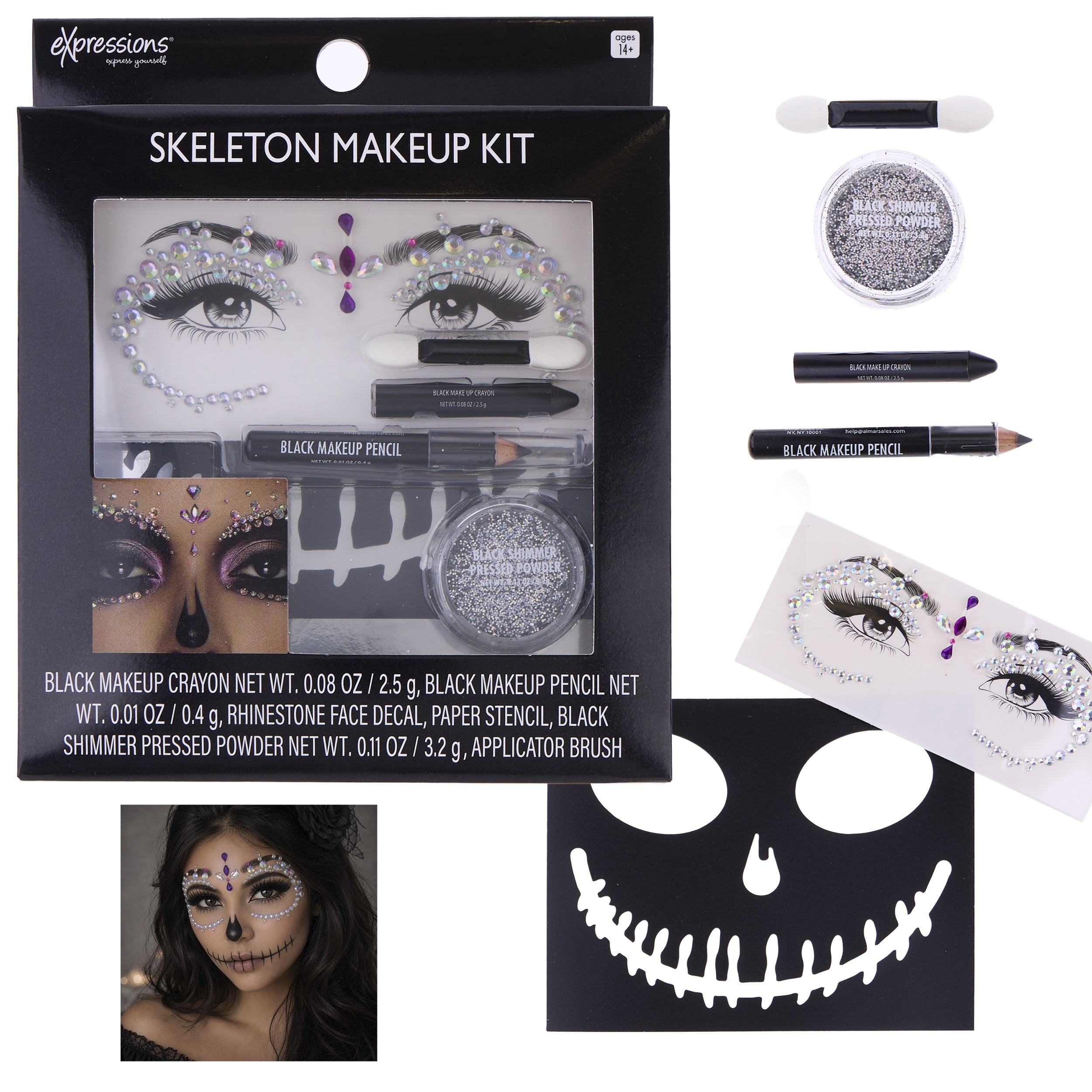 Expressions Glitter Skeleton Makeup Kit with Rhinestone Eye Jewels & Stencil
