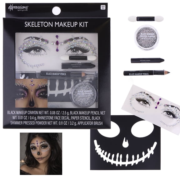 Expressions Glitter Skeleton Makeup Kit with Rhinestone Eye Jewels & Stencil