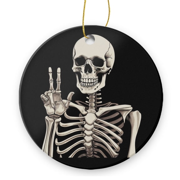 Skeleton Making A Peace Sign With Fingers - Christmas Ornament Xmas Keepsake Ceramic Ornaments Holiday Decorations for Tree Christmas Gift Ideas 2.95in