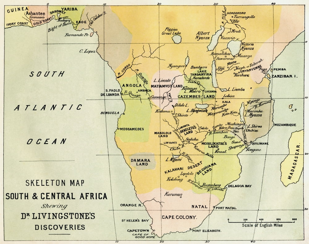 Skeleton Map Of South And Central Africa Showing David Livingstones Discoveries From The Life And Explorations Of Dr Livingstone Published C1875 Canvas Art - Ken Welsh Design Pics (16 x 13)