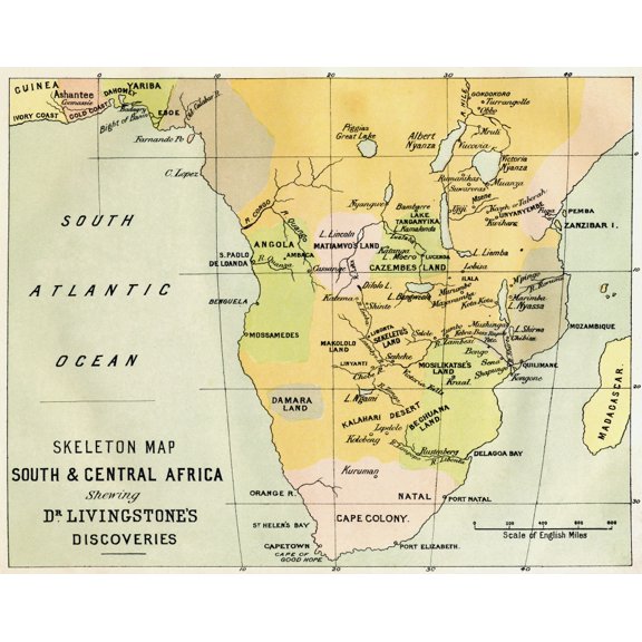 Skeleton Map Of South And Central Africa Showing David Livingstones Discoveries From The Life And Explorations Of Dr Livingstone Published C1875 Canvas Art - Ken Welsh Design Pics (32 x 26)