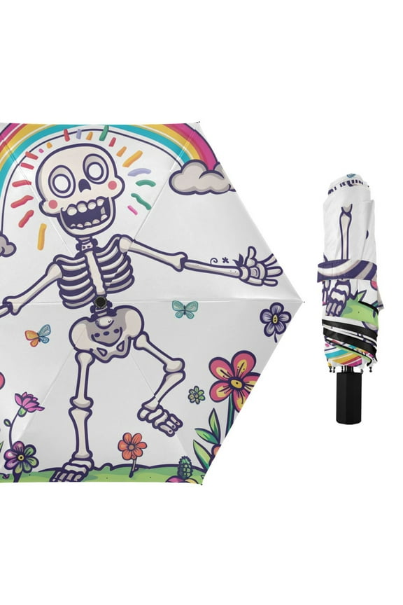 Skeleton Meadow Flowers Clouds Rainbow All Weather Umbrella Triple Folding Parasol 6 Ribs UV Protection Portable