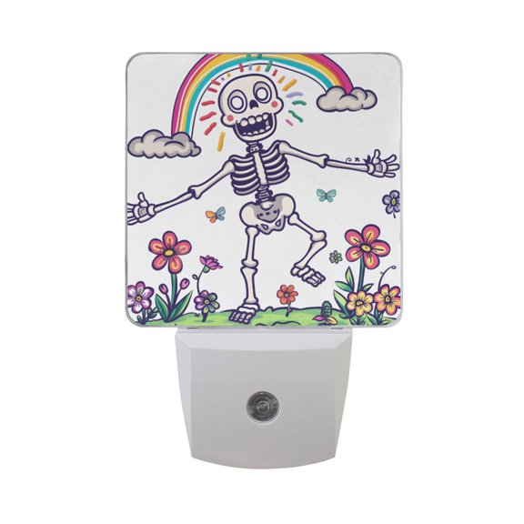 Skeleton Meadow Flowers Clouds Rainbow LED Night Light with Smart Sensor Plug Into Wall Dusk to Dawn 2 packs