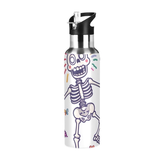 Skeleton Meadow Flowers Clouds Rainbow Sports Bottle with Straw Stainless Steel Water Jug Portable Thermal Cup Leak-proof 600ML