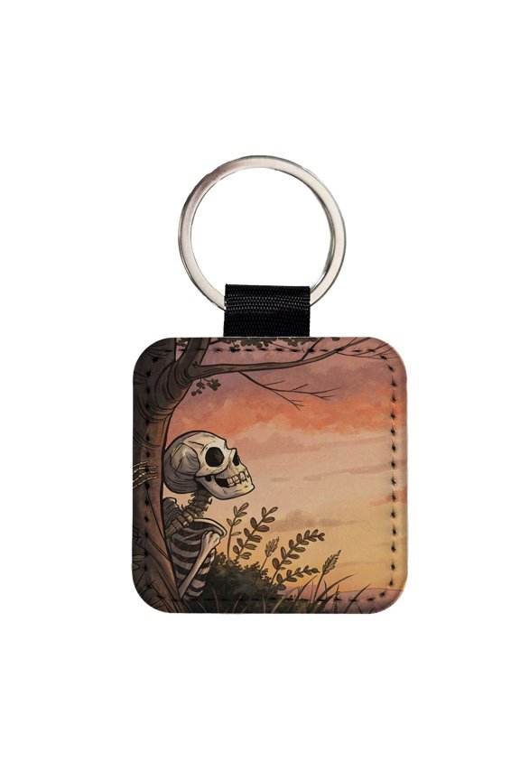 Skeleton Meadow Sunset Halloween Faux Leather Square Keychain